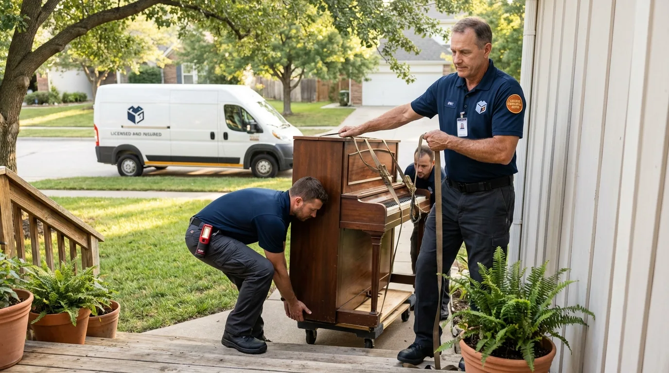 Licensed piano movers securing grand piano in Bridgewater, MA